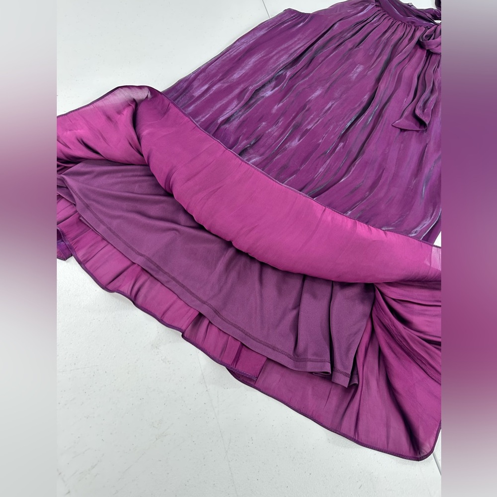 Anne Klein Iridescent Tiered Shift Dress Bow Tie Neck Party Cocktail Purple Bloo - Picture 9 of 15